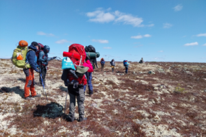 En blå himmel och ettplatt fjälllandskap medd lav och mossa. Två vandrare i förgrunden på väg bort från kameran. Tre till vandrare syns längre bort på vägen.
