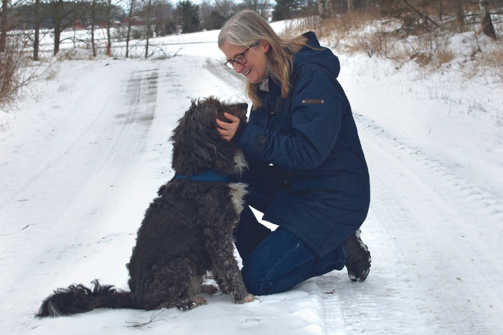 Kvinna sitter på knä på en snöig väg och klappar en gråvit hund