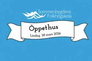 En bild med texten "Öppet hus lördagen den 5 april"